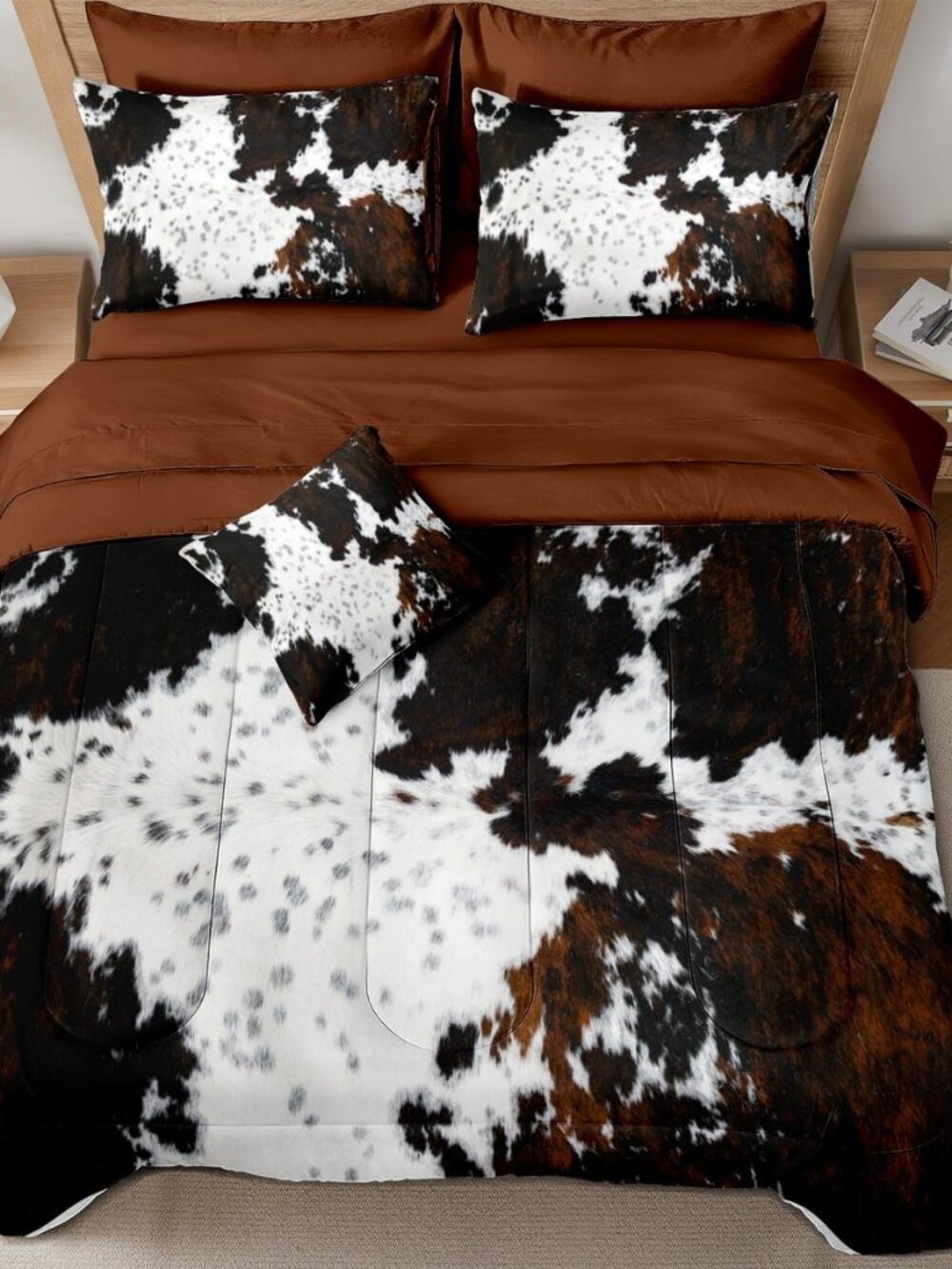 Brown Cowhide Comforter Set King, 8 Pieces Bed in a Bag Black White Cow Skin